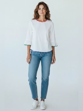 Talbots Bell Sleeve Embroidered Hem Blouse // White Multi // Small Petite